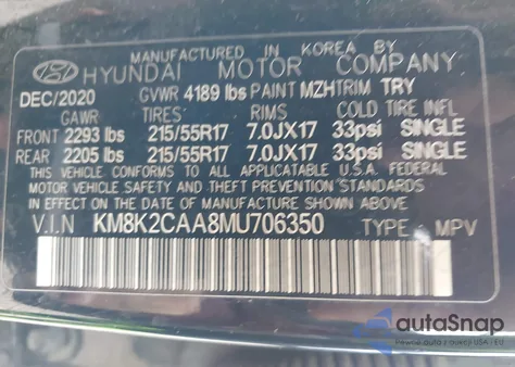 2021 Hyundai Kona Sel from USA, damaged, VIN KM8K2CAA8MU706350
